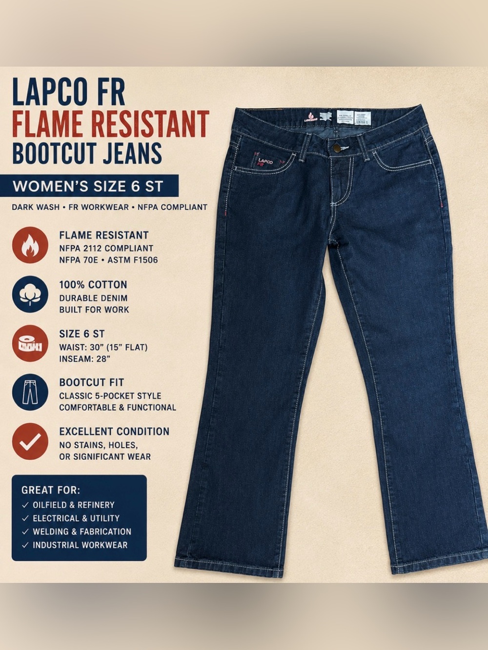 LAPCO FR Flame Resistant Jeans Women’s 6 ST 30x28 Dark Wash Bootcut NFPA
